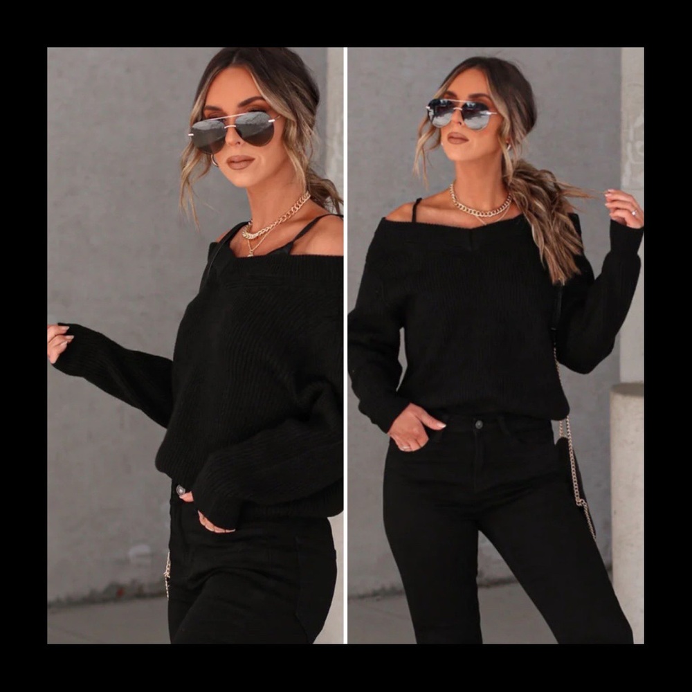 VICI Bold Black V-Neck Off The Shoulder Warm Knit Sweater